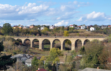 Obraz premium Viaduct is a 9-arch railway bridge in the village of Plebanivka near Terebovlya, Ukraine