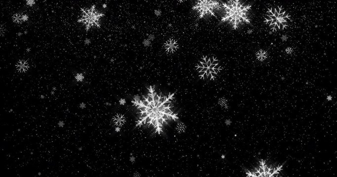 Snowfall made of big beautiful snowflakes on a black background