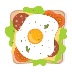 Toast with fried egg and vegetables. Sandwich with bread, egg, cheese, tomato, sausage, herbs and spices. Best for breakfast. Vector illustration.