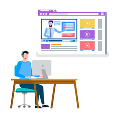 Student studying on internet, online courses and special tasks from teacher flat style. Tutor and pupil sitting by desk with computer at table. Vector illustration in flat cartoon style