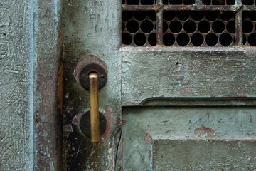 Metallic door handle in a old wooden green door