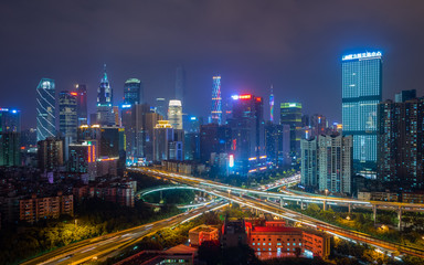 Fototapeta na wymiar Wide-angle night aerial view of Guangzhou Zhujiang New Town financial district, Guangdong, China.