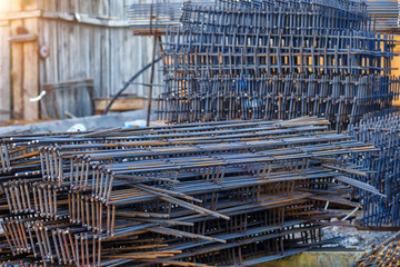 Industrial background. Rebar texture. Rusty rebar for concrete pouring. Steel reinforcement bars. Construction rebar steel work reinforcement. Closeup of Steel rebars.