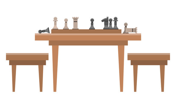Chess two player strategy game played on checkered board. Playing pieces are divided into white and black sets. Wooden table with checkerboard and figures, and chairs. Vector illustration flat style