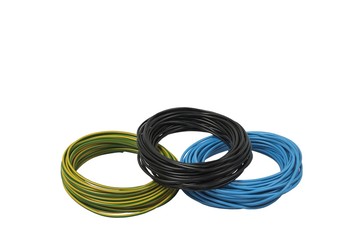 Close up view of black, blue, yellow and green power electrical cables. Wire bundle isolated.