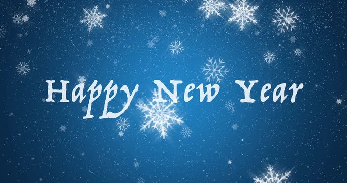 Snowfall made of big beautiful snowflakes on a blue background with text happy new year