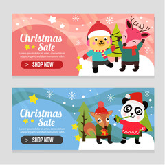 vivid two banner christmas template with panda squirrel dog deer