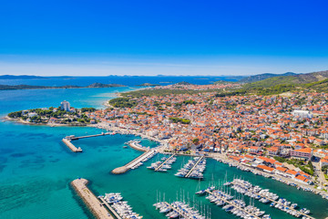 Aerial overhead view of marina in town of Vodice, Adriatic sea in Croatia