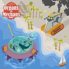 Fantasy battle between mechanical and organic machines in vector format cartoon illustrations 3