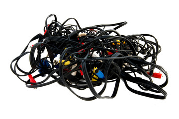 Messy tangle of wires for video on a white background isolated, bundle of audio video electrical...