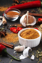 Chili peppers and other spices top view