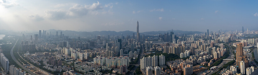 Fototapeta premium wide-angle night aerial view of Shenzhen financial district, Guangdong, China.Financial concept