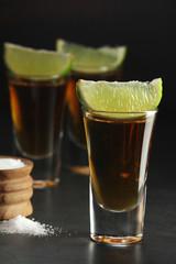 Shots with tequila with salt and lime	