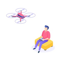 Isometric man with drone. Young men characters with remote aerial quadcopter. Vector isometric quadrocopter illustration for transporting and delivery correspondence, as well photos