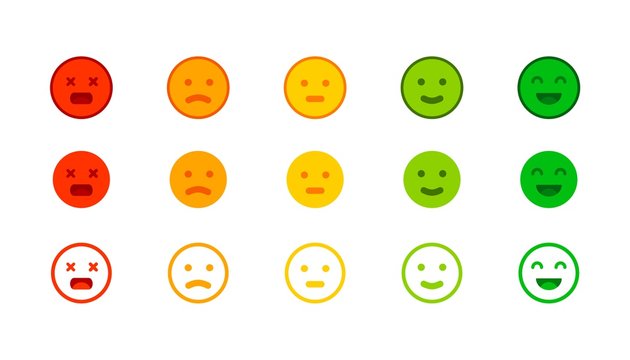 Rating scale. Feedback horizontal row rating meter with face emotion paediatrics icons. Vector illustration of customers review. Yellow orange red green color to express an attitude towards something