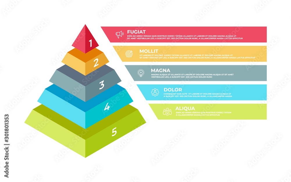 Aufkleber step 3d infographic. isometric pyramid business presentation template, step structure. vector illust