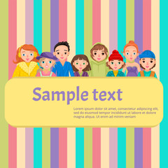 Vector illustration with characters and logo or banner design. Bright color banner with cute people in different clothes.