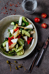 Healthy salad plate. Fresh seafood recipe. Grilled shrimps and fresh vegetable salad and egg. Grilled prawns. Healthy food. Flat lay. Top view