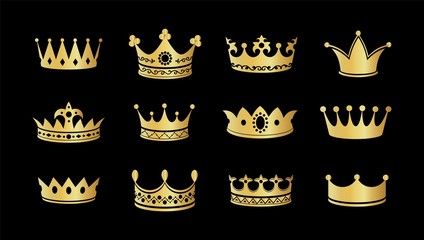 Gold crown silhouette icon set. Collections of golden crowns. Queen tiara. King diamond coronation crowning. Vector illustration retro glittering corona for game as a symbol of royalty