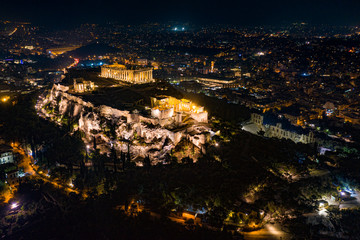 Fototapeta premium athens acropolis parthenon night aerial drone landscape