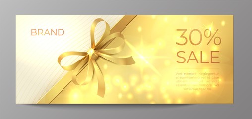 Voucher gold card. Golden ribbon certificate, luxury elegant celebration coupon discount promotion flyer. Realistic vector illustration banner with gift or discount offer for birthday or other holiday