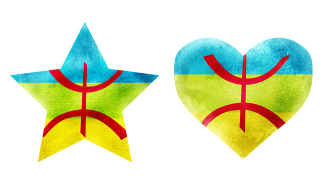 Watercolor star and heart flag background. Set. Berber 
