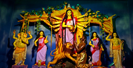 portraiture of hindu goddess durga and other gods and goddess worshiped by devotees on  the...
