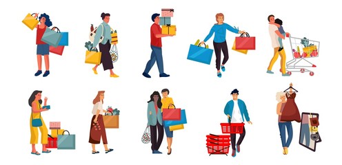 Shopping people. Trendy cartoon characters on retail store, happy buyers at discount shop. Vector illustrations people in mall scenes. Smiling man in mall with bag or cart big set fun shopper