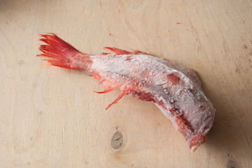 Raw red sea fish without head. Top view
