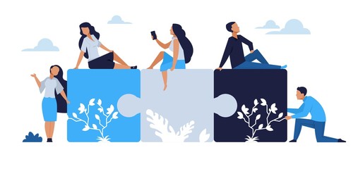 Business teamwork concept. Puzzle elements with cartoon businessman team, partnership and people communication. Vector design cartoon illustration connecting project to marketing objects