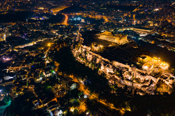 athens acropolis parthenon night aerial drone landscape