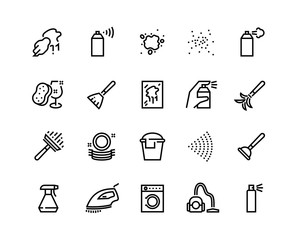 Spray black icons. Hand with spray, disinfectant, deodorant and perfumes, outline cleaning symbols. Vector isolated template thin cleaning signs for hotel or office staff with vacuum cleaner