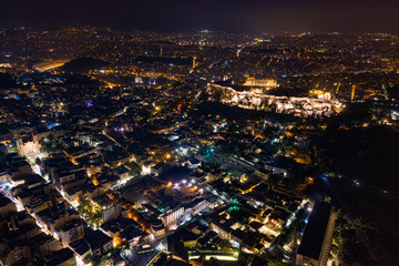 athens acropolis parthenon night aerial drone landscape