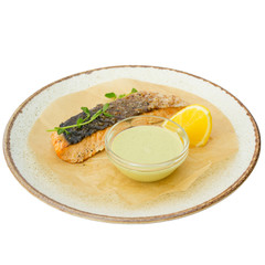 fried salmon filet with sauce plate without background