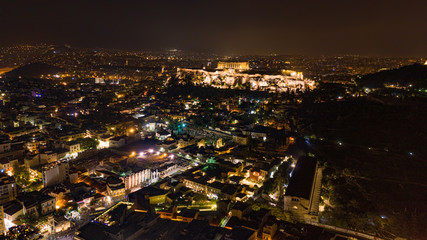 athens acropolis parthenon night aerial drone landscape