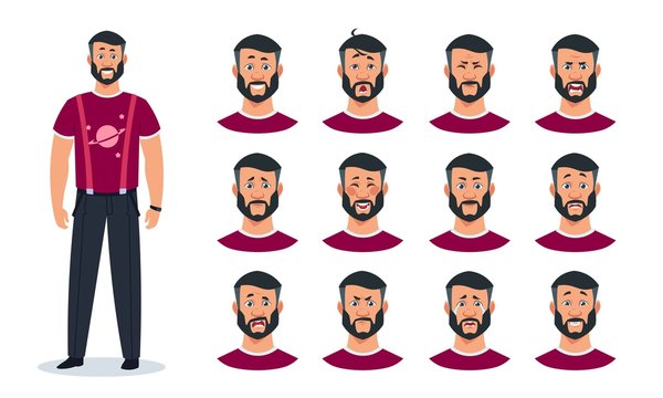 Face expressions. Cartoon man character with set of different emotions angry, pain, sad, happy, surprised guy. Vector expressing constructor avatar faces animation men image
