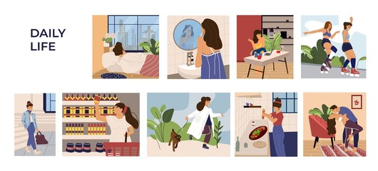 Woman activities scenes. Cartoon hand drawn young girl character leisure, work and routine. Vector illustration sleeping shopping, resting, cooking on kitchen, skates, dances set