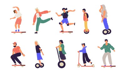 Fototapeta na wymiar People riding. Cartoon characters on electric skate unicycle longboard monopod scooter and hoverboard. Vector modern city transport. Illustration woman and man keep balance on vehicle with motor