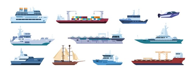Flat boats. Ocean sailboats ships yacht and catamarans, isolated marine transport. Vector sailing vessel and motor ships. Flat design icon travel sailboat or cruise boat and battleship at sea © SpicyTruffel