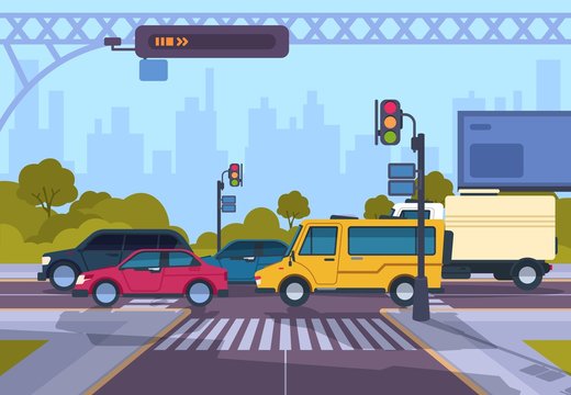 City street. Cartoon town cityscape with cars and crosswalk, town traffic on crosswalk. Vector urban highway landscape illustration. Horizontal flat panoramic image crossing roads morning