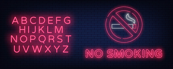 No smoking vector neon sign. Bright symbol, icon, luminous warning sign of smoking. Neon alphabet. Vector illustration EPS 10.