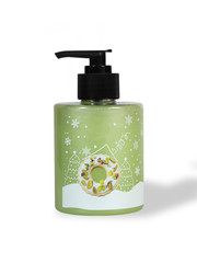 Shower gel isolated on white background. Christmas gift with traditional pattern.