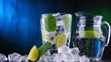 Glass of mineral water with ice, lime and mint