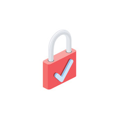 Lock checkmark. Vector 3d isometric, color web icon, new flat style. Creative illustration design, idea for infographics.