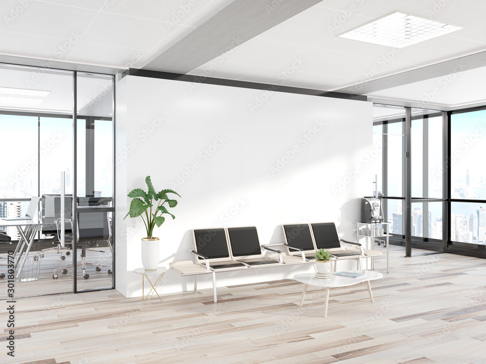 Poster blank white wall in concrete waiting room with large windows mockup 3d rendering