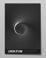 Cover with striped black white warped into one point lines. Optical illusion effect, op art. Vector decorative cover for your design. Warped lines