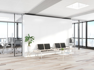Lege witte muur in betonnen wachtkamer met grote ramen Mockup 3D-rendering