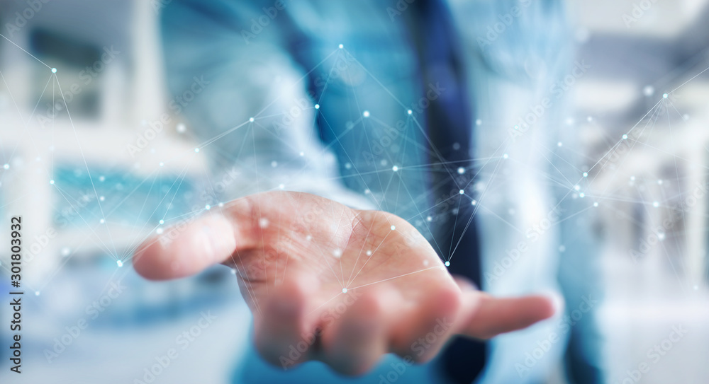 Poster businessman using floating digital network connections with dots and lines 3d rendering