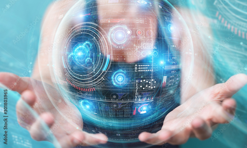 Fototapete woman using digital technological interface with datas 3d rendering