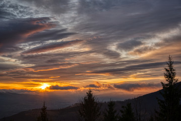 Fototapeta premium Beautiful sunrise in the mountains with clouds, Czech